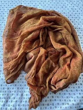 Vintage Chico’s silk scarf, iridescent orange/green/tan w/ leaves,64x 18”